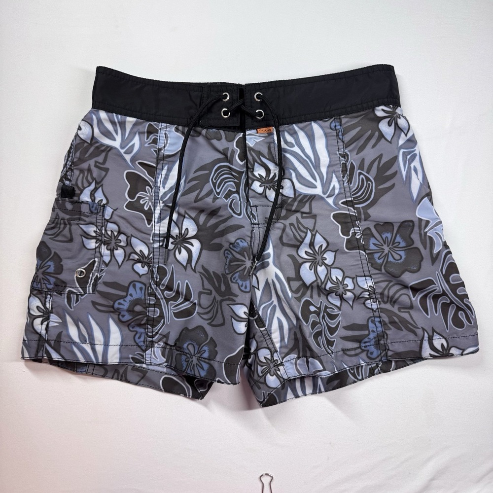 Vtg‎ OOBE Boardshorts Womens S / 6 Gray Floral Nylon Retro Surf Beach Watersport